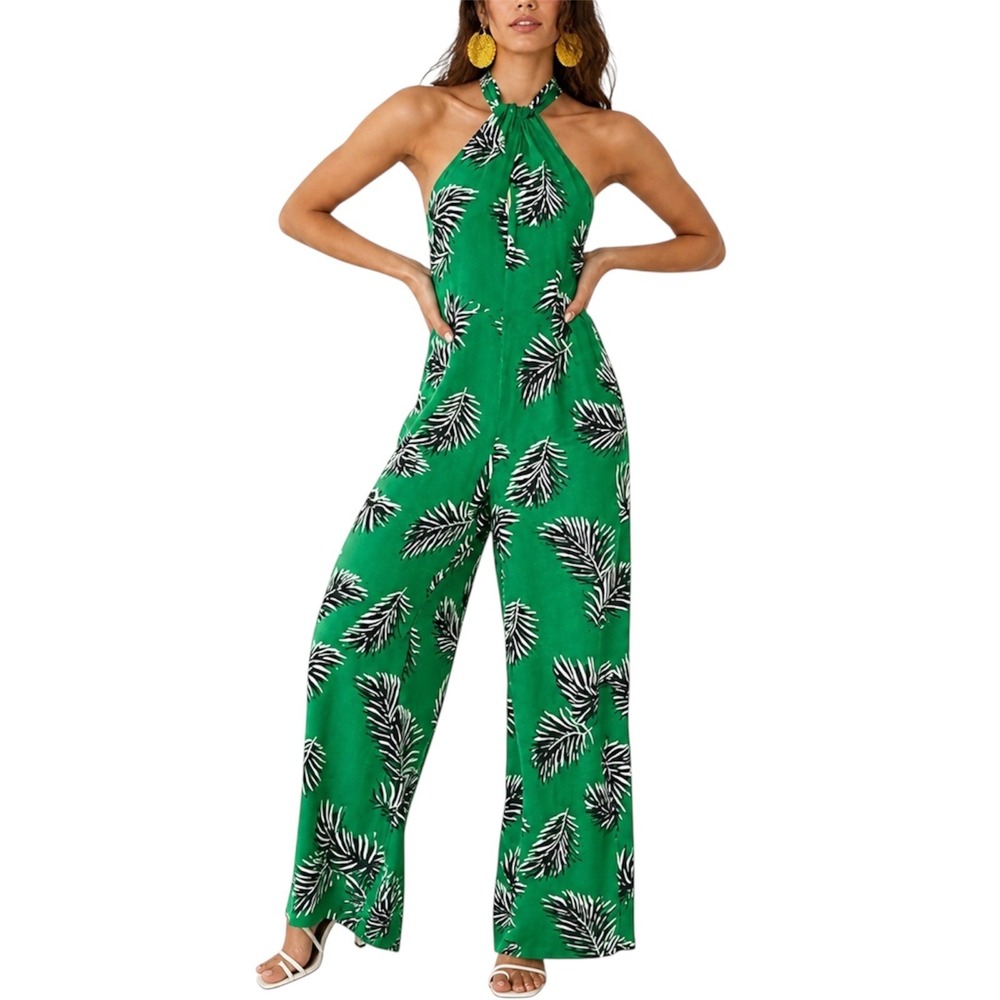Forever 21 Contemporary Green Tropical Boho Palm Halter Wide Leg Jumpsuit Small